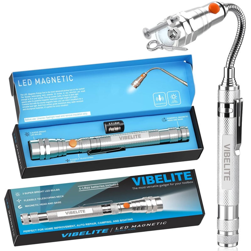VIBELITE Extendable Magnetic Flashlight with Telescoping Magnet Pickup Tool- Cool Gadget Valentines Day Gifts for Him, Men, Teen Boys, Husband, Dad, Father, Mechanic, Women, Silver - Image 1